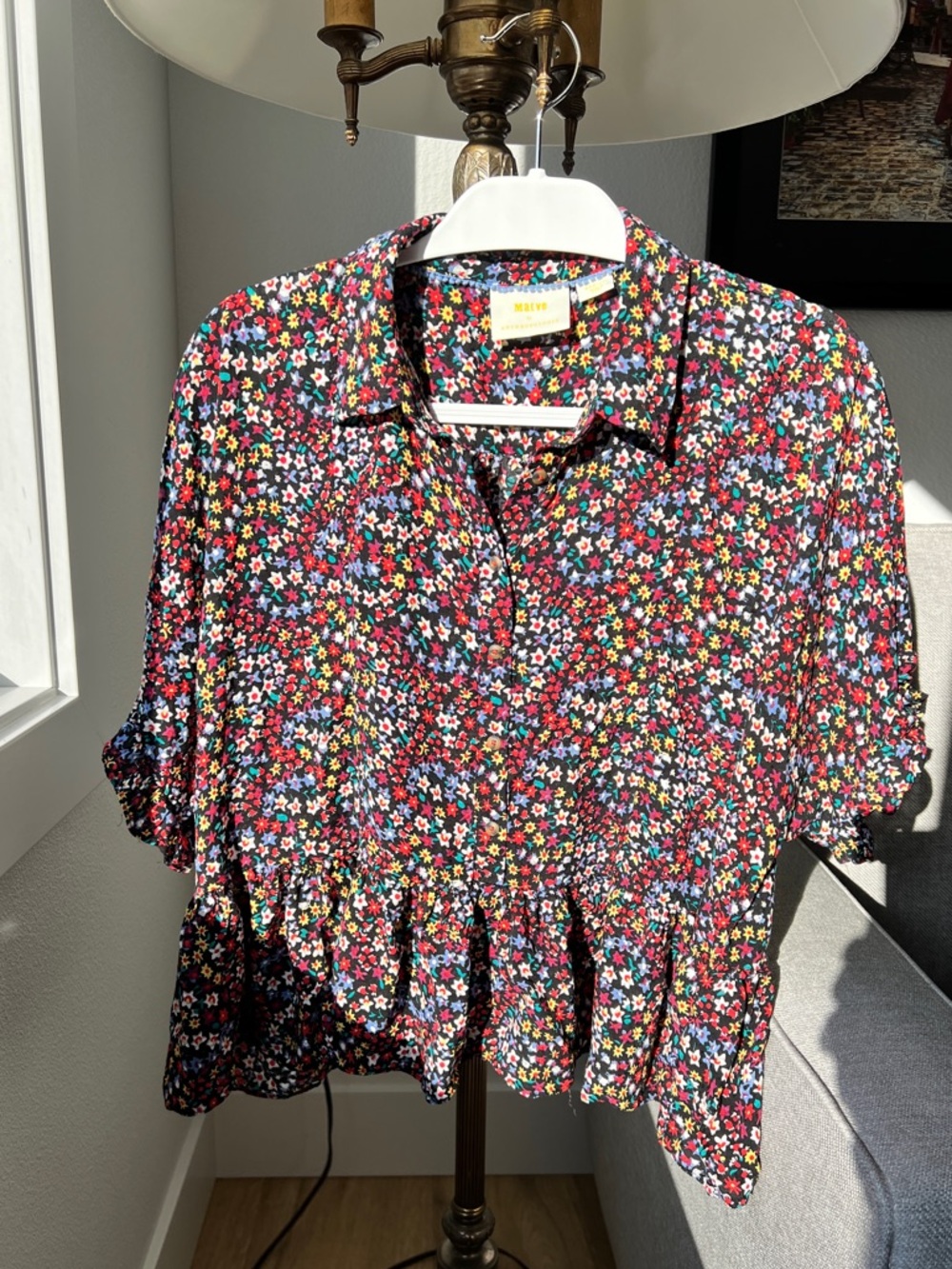 Maeve  Black Floral Button-Front Ruffle Hem Top